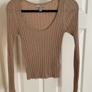 Deep scoop neck, ribbed long sleeve shirt